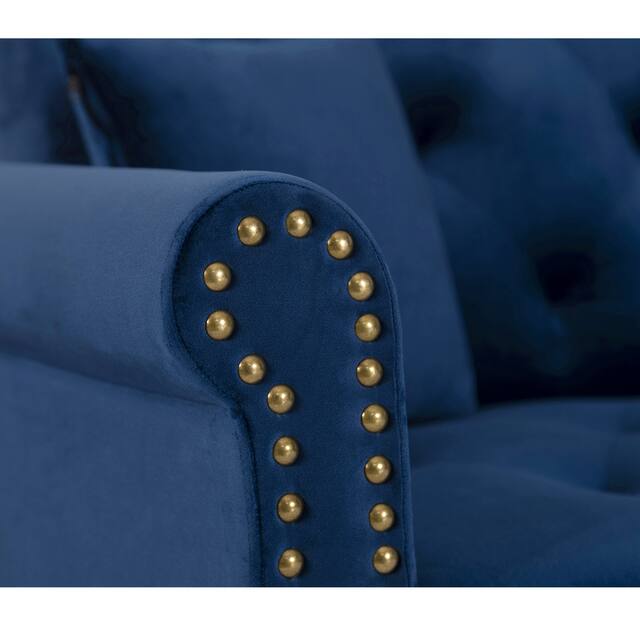 3 Seating Couches Reversible Sectional Sofa Sleeper Blue Velvet Upholstered Chaise with Metal Nailheads Decor & L-shape Sofa