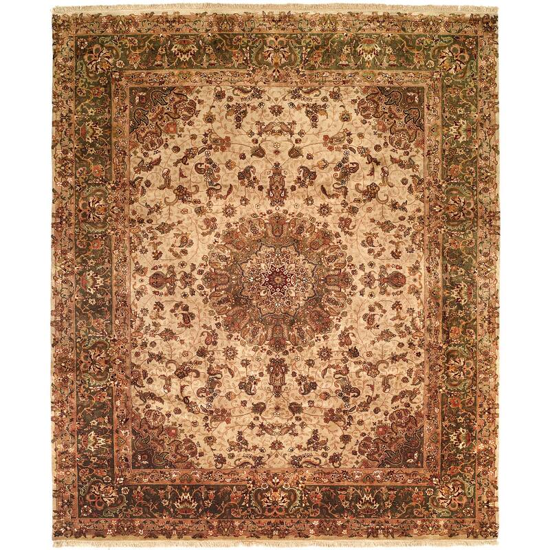 Traditional Hand-Knotted Wool & Silk Area Rug - 14' x 20' - 14' x 20' - Ivory/Green