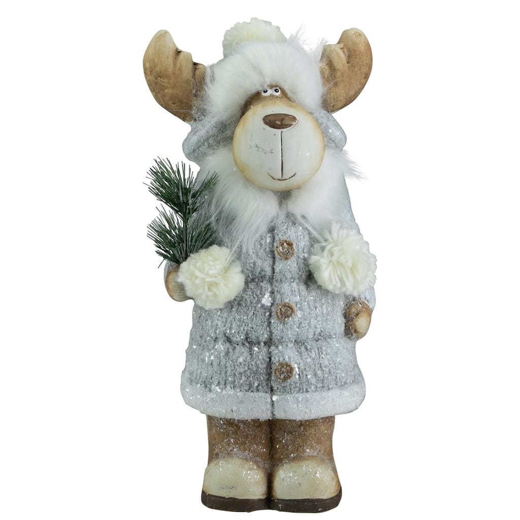 18" Ceramic Moose in Gray Coat Holding Pine Sprig Christmas Figure