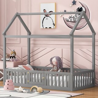 Twin Size Wood House Bed with Fence and Door, Wooden Bedframe w/Roof