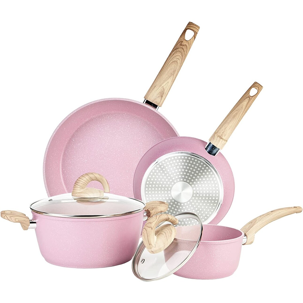 Vkoocy Pink Pots and Pans Set Non Stick, Ceramic Cookware Set Kitchen Cooking Sets Induction Granite Pot and Pan w/Frying Pans, Saucepans, Casserole