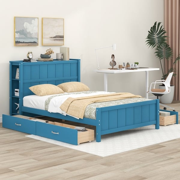slide 2 of 34, Wood Platform Beds Frame Full Size Storage Bed with Storage Shelves Headboard and 4 Drawers, Support Slats, Space Saving Storage Blue - Full