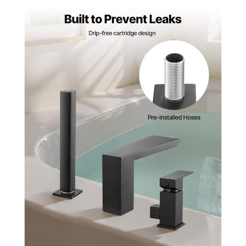 Matte Black 3-Hole Deck Mount Widespread Roman Bathtub Faucet with Waterfall Fill and Handheld Shower - 8.94” x 2.83” x 6.89”