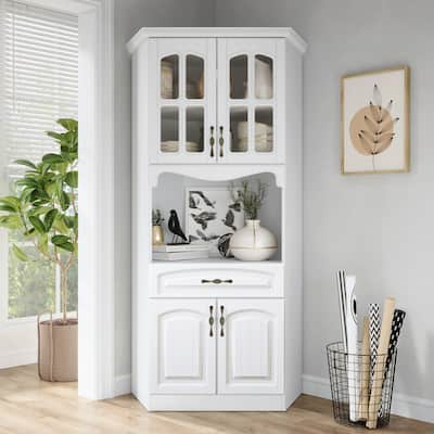 Living Skog Galiano 73-inch White Corner Pantry Storage Cabinet Hutch for large microwave