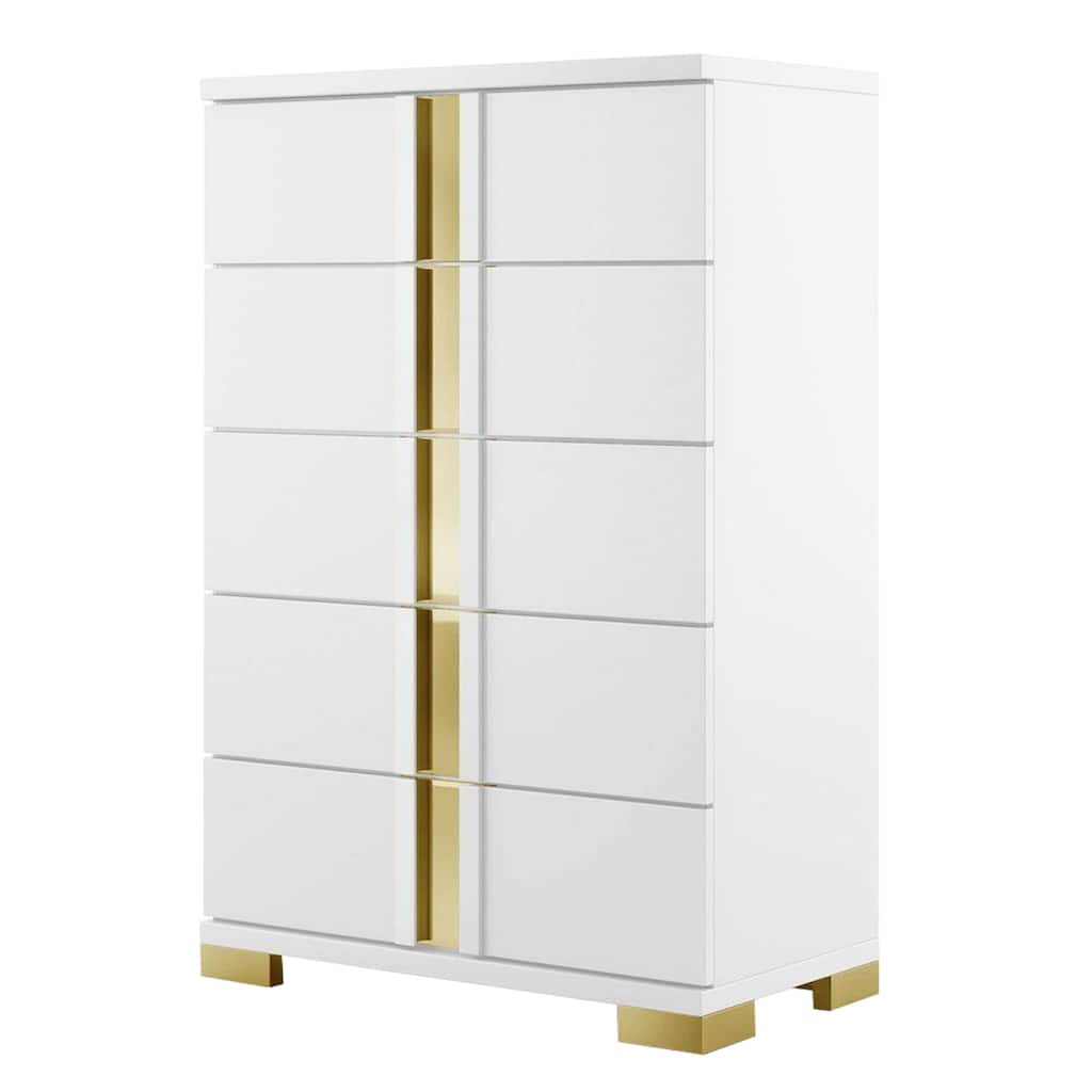 Yoki Tall Dresser Chest, 5 Drawers, Modern Glam White and Gold