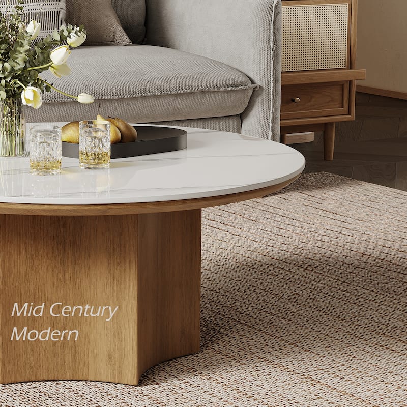 Mid-century Modern Coffee Table,35.43" With White Sintered Stone Table Top, Solid Wood Legs