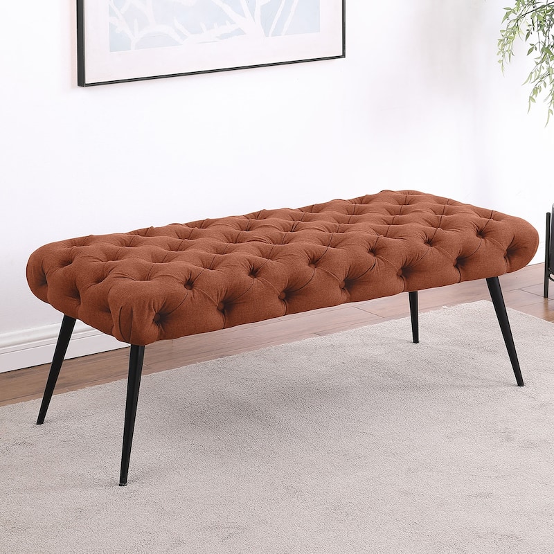 Velvet and Metal Bench with Button-Tufting Design