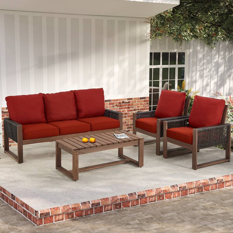 Outdoor 4-Piece Sofa Set with Coffee Table, PE Wicker & Cedar Wood Patio Furniture, Garden Conversation Set with Thick Cushions