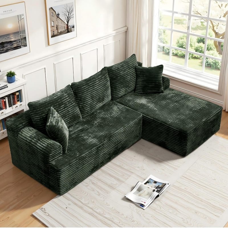 95.2" Modern L-Shaped Corduroy Sectional Sofa, No Assembly Reqired - Green - Left Facing