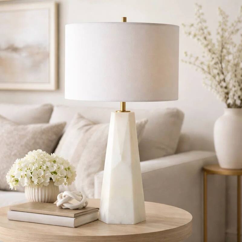 Accent Table Lamp, Cream Marble Base, Off White Linen Shade, 23 Inch