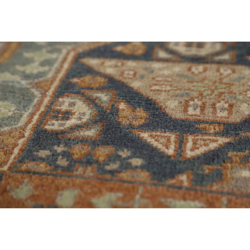Hand Knotted Oriental 100% Wool Carpet Traditional Geometric Navy Blue & Blues Kazak Area Rug - 9' 10'' X 7' 11''