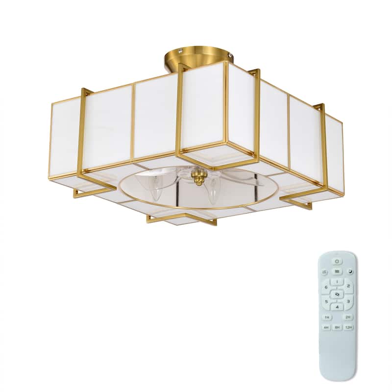 Olapine Square White Gold Trim Tiffany Glass Lighted Ceiling Fandelier with Remote - White-Gold
