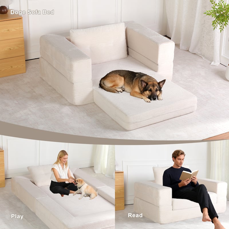 Compression Human Dog Sofa Bed for Adult & Pets, Modern Floor Couch With Pillow for Living Room Bedroom, Corduroy Fabric