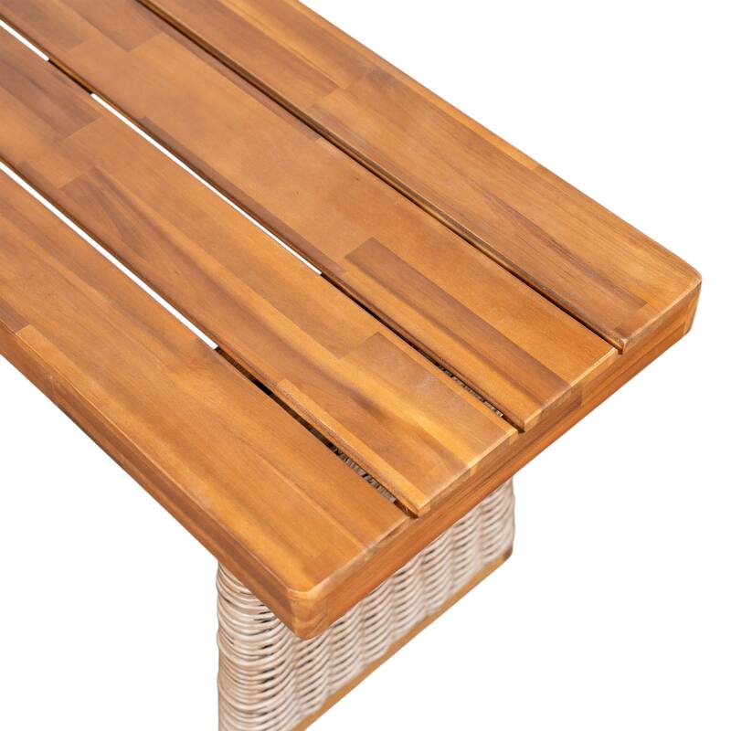 Outdoor 1pcs Acacia Wood Bench, Teak Finish+ Grey Wicker