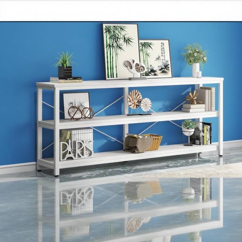 White MDF Sofa Console Table with Metal Legs and 3 Open Shelves - 70.87” L x 11.81” W x 35.83” H