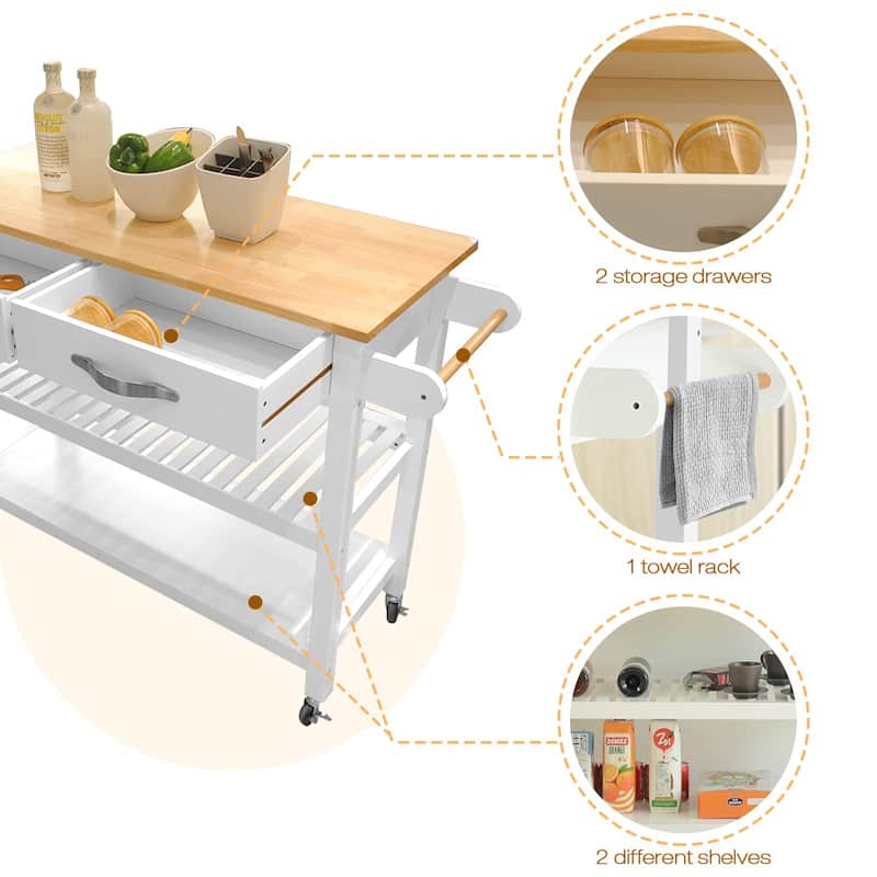 45" Kitchen Island Cart with Wheels, 2 Drawers & Open Storage Shelves - 45 x 17 x 35 inches