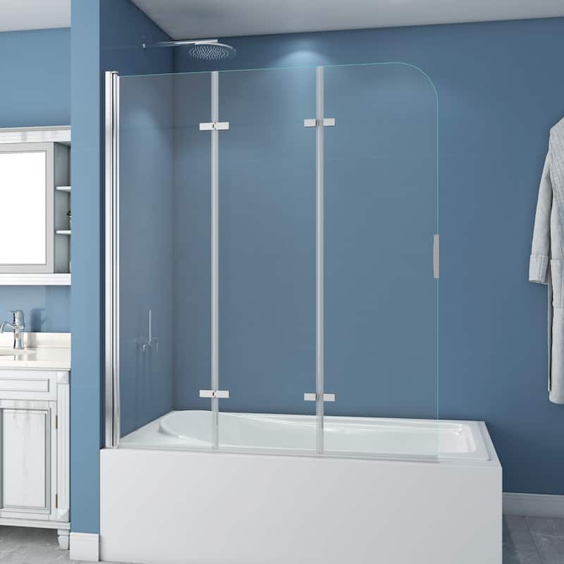 51" W x 59"H Three Plates Folding Tub Door Bathtub Screen with Clear Glass - Silver