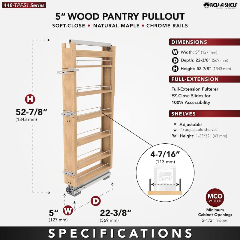 Rev-A-Shelf 448-TPF51-5-1 Wood Classics 5"W x 53"H Soft Close Pull Out