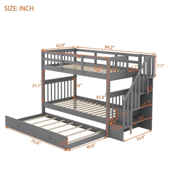 Functional Design Wood Bunk Bed with Trundle, Storage Staircases and Guardrails for Safety Guaranteed, Grey