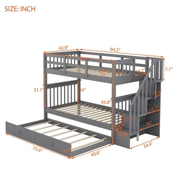 dimension image slide 0 of 3, Functional Design Wood Bunk Bed with Trundle, Storage Staircases and Guardrails for Safety Guaranteed