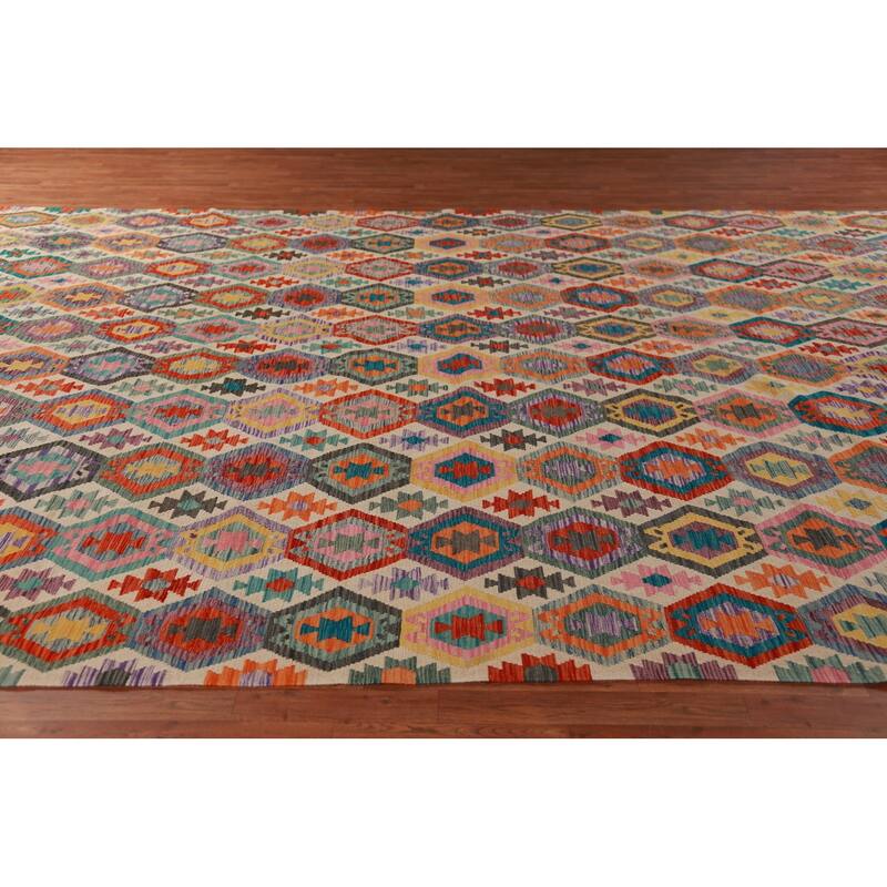 Geometric Kilim Oriental Large Rug Flatweave Bedroom Wool Carpet - 10'3"x 15'11"