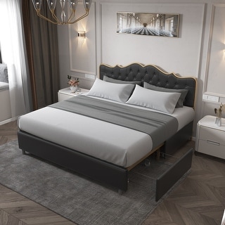 Sponge Backrest King Platform Ribs Slat Support Bed w/ 4 Drawers,Black ...