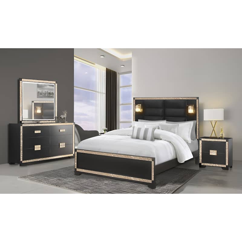 26" Black Gold Solid Wood Nightstand with Crystal Handles and 2 Drawer Bedside Accent Table