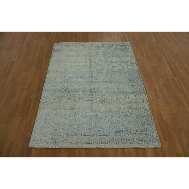 Hand-knotted Modern Wool Grey Geometric Area Rug Oriental Carpet - 7' 3'' X 5' 2''
