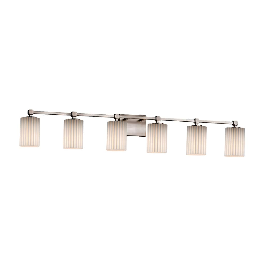 Justice Design Limoges Tetra 6-light Brushed Nickel Bath Bar, Pleats Cylinder - Flat Rim Shade - Silver
