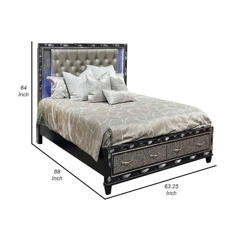 Bet Queen Bed, Storage Drawers, Silver Faux Leather Upholstery, LED, Black