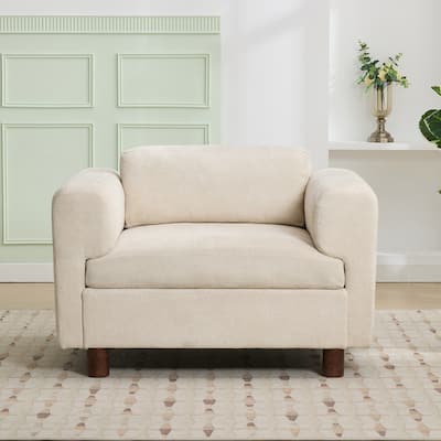 Beige Modern 45.5" Woven Velvet Fabric Upholstered Accent Chair with Round Rubberwood Legs and High-Density Cushion