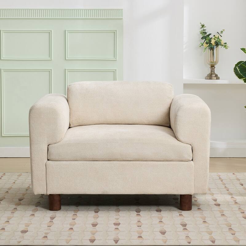 Modern 45.5" Woven Velvet Fabric Upholstered Accent Chair with Round Rubberwood Legs and High-Density Cushion - Beige