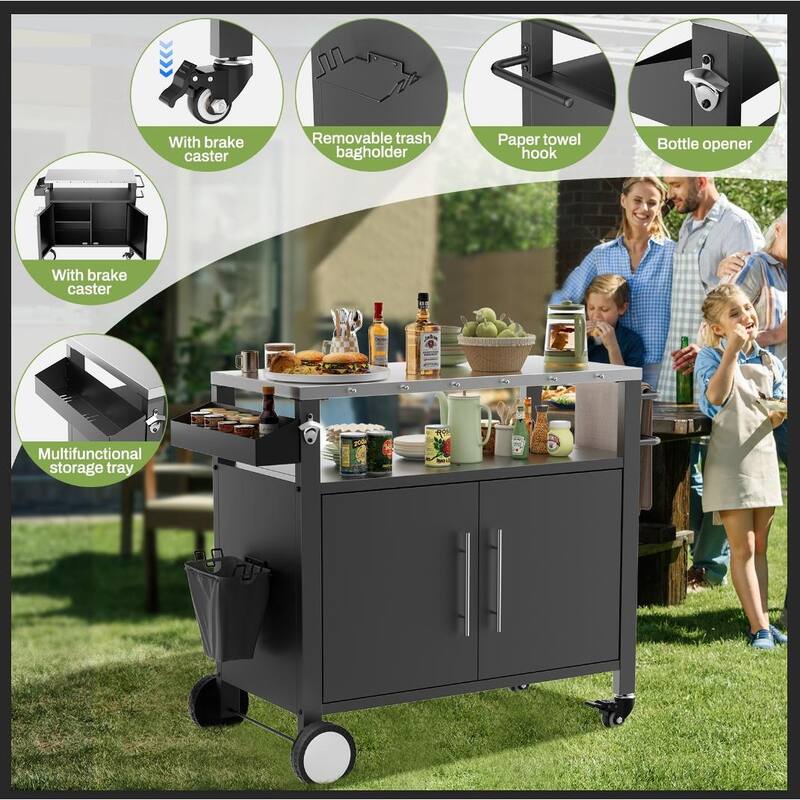 Two Doors Outdoor Grill cart with Patio Furniture, Outdoor Grill Table with Storage,Rolling Bar cart Outdoor BBQ cart - Black+Silver
