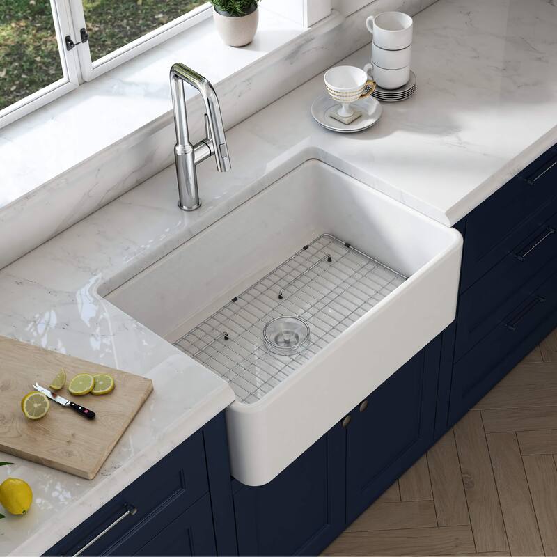 White Fireclay Farmhouse Undermount Kitchen Sink with Bottom Grid and Strainer
