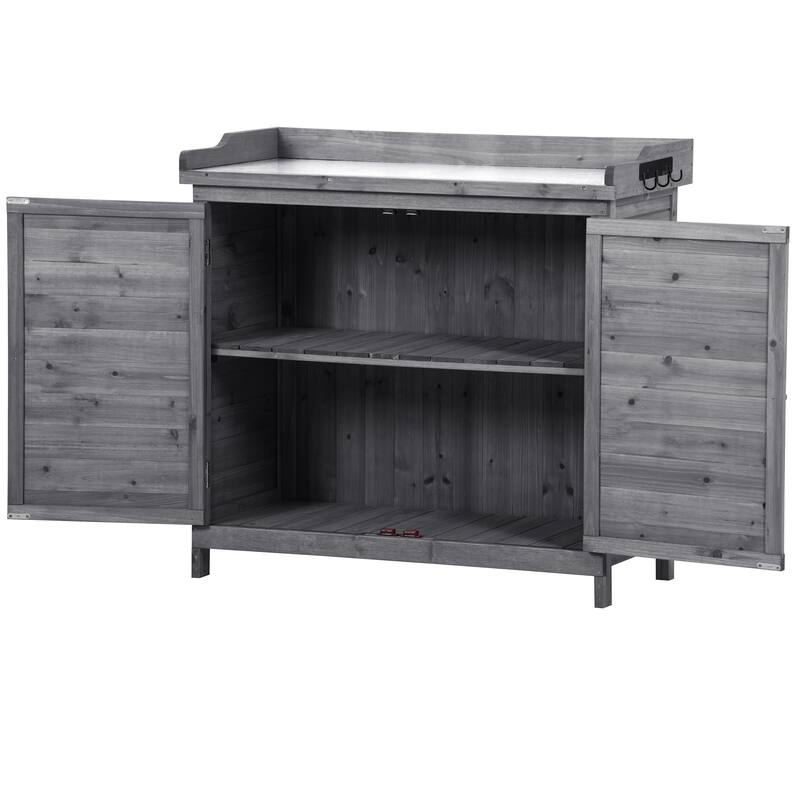 39" Potting Bench Table, Rustic Wood Workstation Storage Cabinet Garden Shed with 2-Tier Shelves and Side Hook