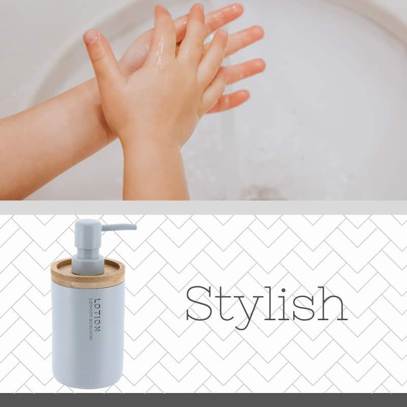 Elegant Soap Dispenser - Polyresin and Bamboo Design, Refillable Liquid Pump - 3 L x 3 W X 7 h