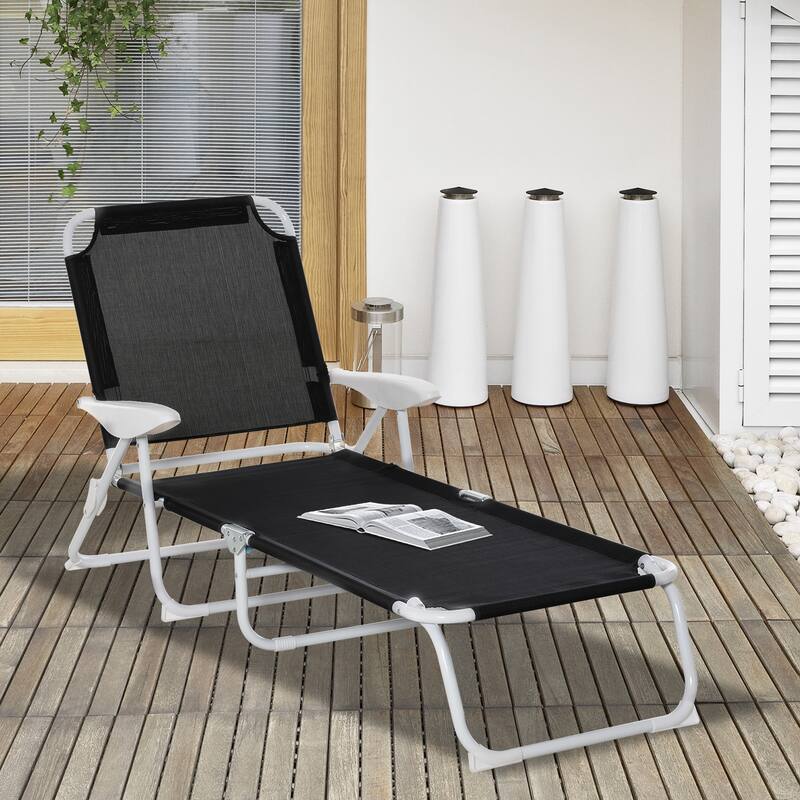 Folding Outdoor Chaise Lounge Chair with 4-Position Adjustable Backrest and Armrests for Beach Poolside or Patio
