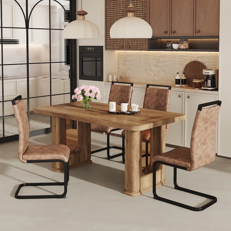 5-Piece Wood Textured Dining Table Set with U-shaped Table Legs, Chairs with Arched Black Legs, Curved Backrest