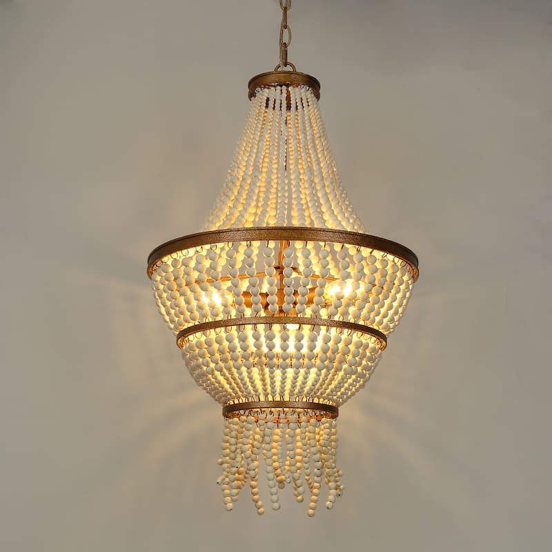 Renia Empire Glam 4-tier Beads Coastal Chandelier 3-light Gold/ Beige Dining Room Lights Stairwell Living Room