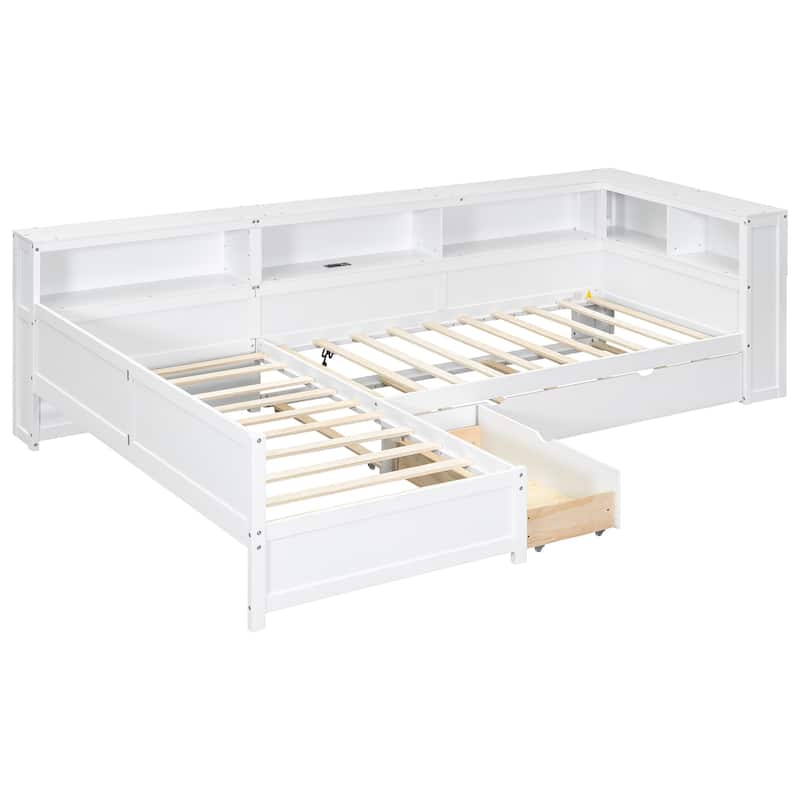 L-Shaped Wooden Twin Bed With Pull-Out Trundle & Built-In Storage Drawer‌