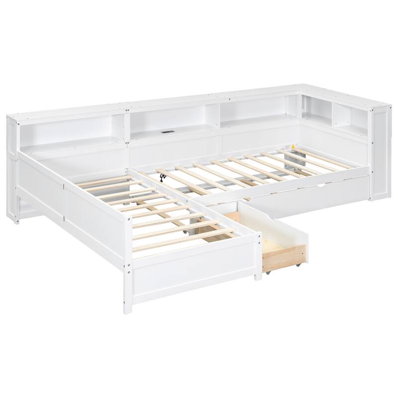 Wood Twin Size L-shaped Platform Bed with Trundle and a Drawer