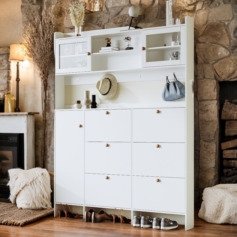 Large Hall Tree Shoe Cabinet with 6 Flip Drawers and 4 Hooks White