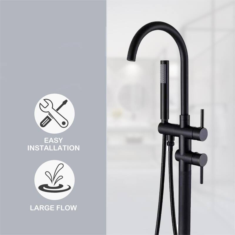 Modern 2-Handle Floor Mounted Freestanding Tub Filler with Handheld Showerhead in Black and Silver