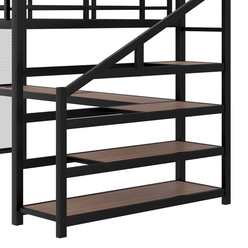Queen Loft Bed with Desk and Storage Stairs, Metal Loft Beds with LED Lights, USB Ports, Black