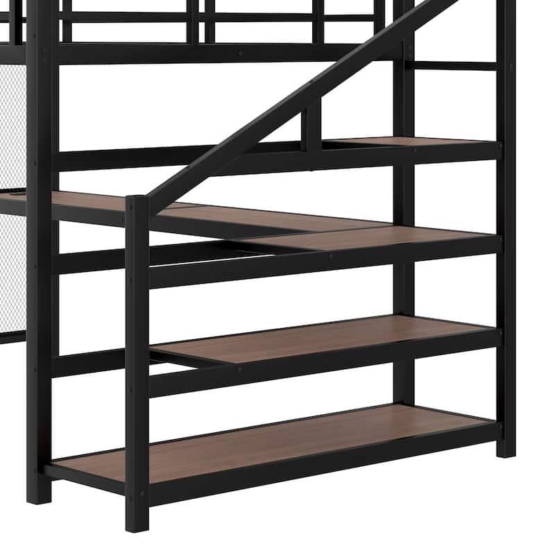 Queen Loft Bed with Desk and Storage Stairs, Metal Loft Beds with LED Lights, USB Ports, Multifunctional Iron Nets