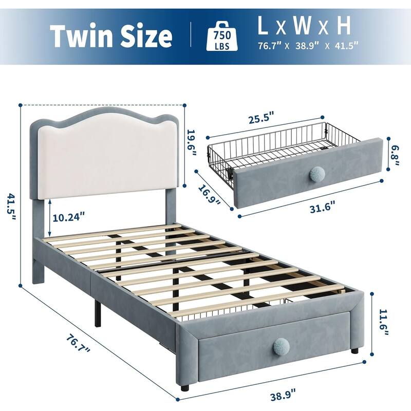 Upholstered Bed Frame for Kids with Storage Drawer and Scallop Headboard, No Box Spring Needed