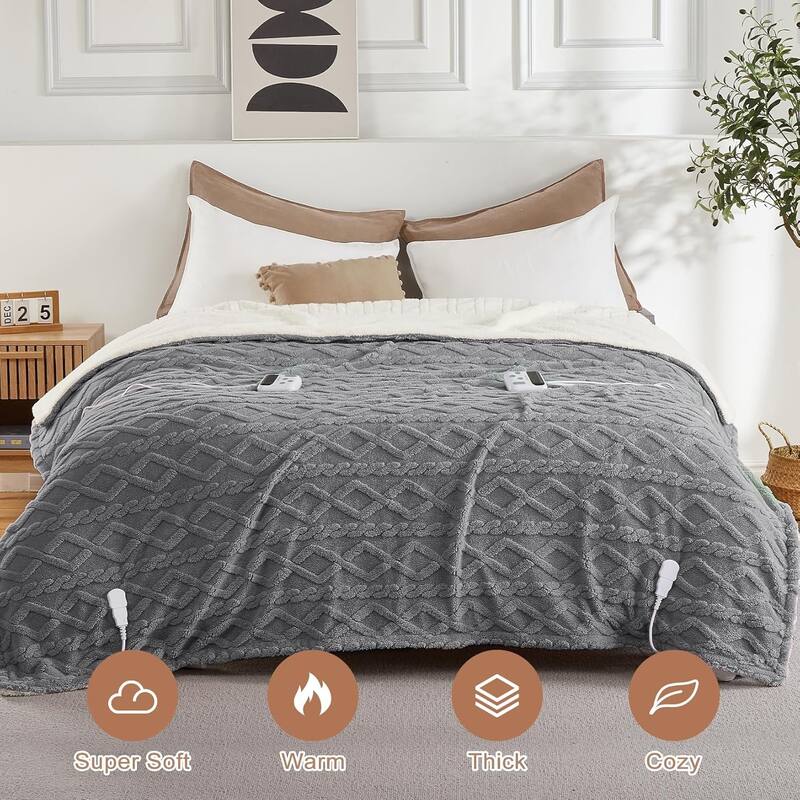Heated Throw Blanket - Thick Tufted Sherpa Electric Blanket Throw with 10 Heating Levels and 10 Time Settings