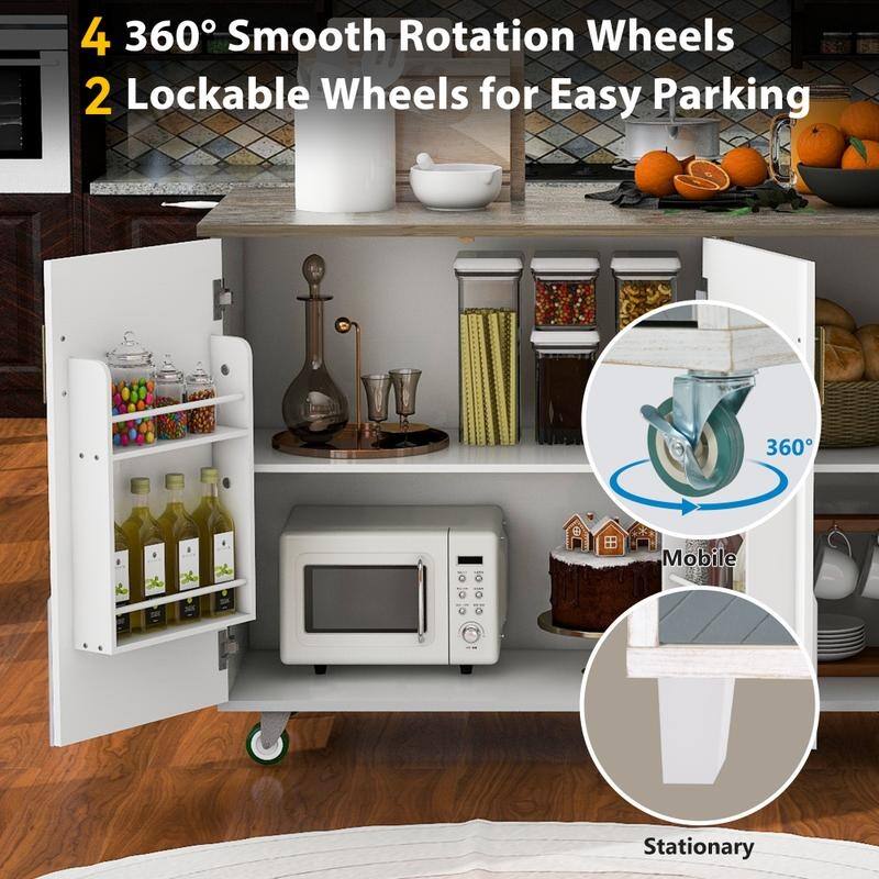 Retro 47"D Kitchen Island on Wheels with Drop Leaf,Internal Storage Rack