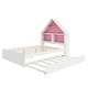 preview thumbnail 8 of 7, White+Pink Full Size Wood House-Shaped Bed with Bookcase Headboard and Led Light and Trundle for Kids Boys Girls