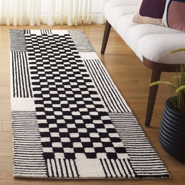 slide 2 of 35, SAFAVIEH Handmade Genre Gunbritt Checkered Wool Rug 2'3" x 7' Runner - Black/Ivory - Runner
